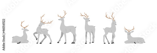Silhouettes of grey reindeers. Cute deers with antlers standing and jumping. Vector illustration in flat cartoon style.
