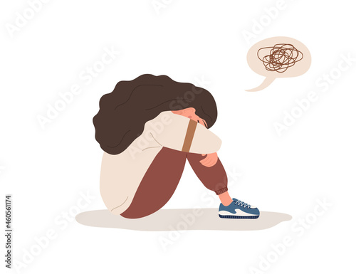 Depressed woman. Sad teenager sitting on floor and crying. Violence in family or mood disorder concept. Vector illustration in flat cartoon style.