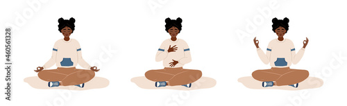 Abdominal breathing. African woman practicing belly breathing for relaxation. Breath awareness yoga exercise. Meditation for body, mind and emotions. Spiritual practice. Cartoon vector illustration.