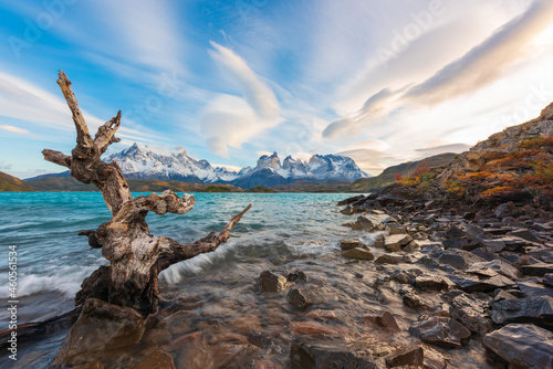 The Torres del Paine National Park sunset view. Torres del Paine is a national park encompassing mountains, glaciers, lakes, and rivers in southern Patagonia, Chile. © zhuxiaophotography