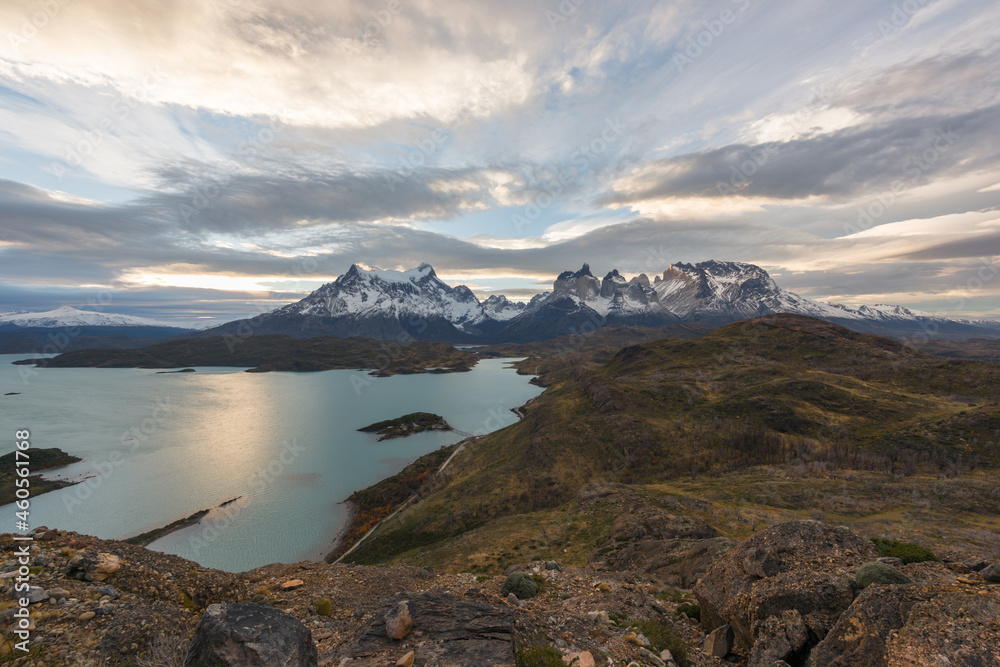 The Torres del Paine National Park sunset view. Torres del Paine is a national park encompassing mountains, glaciers, lakes, and rivers in southern Patagonia, Chile.
