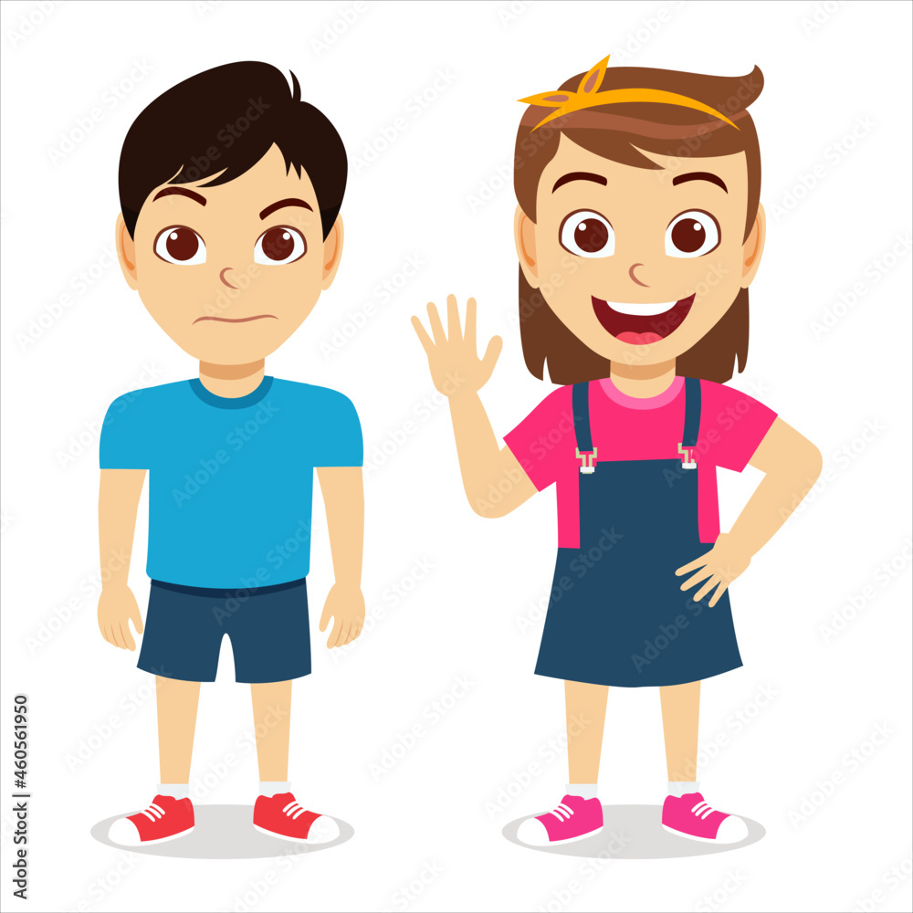 Happy cute cheerful kid boy and girl characters wearing beautiful outfit standing and posing waving with different facial expression Happy cute cheerful kid boy and girl characters wearing beautiful outfit standing and posing waving with different facial expression
