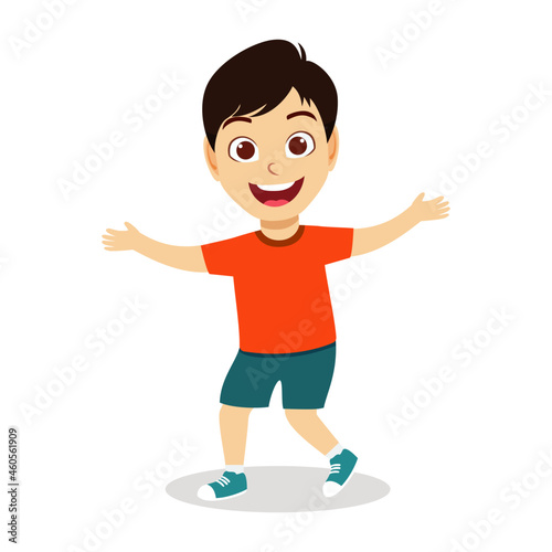 Happy cute cheerful kid boy character wearing beautiful outfit standing and waving showing both hands