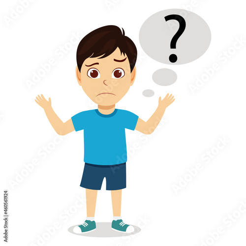 Happy cute cheerful kid boy character wearing beautiful outfit standing with question mark symbol with confused facial expression isolated