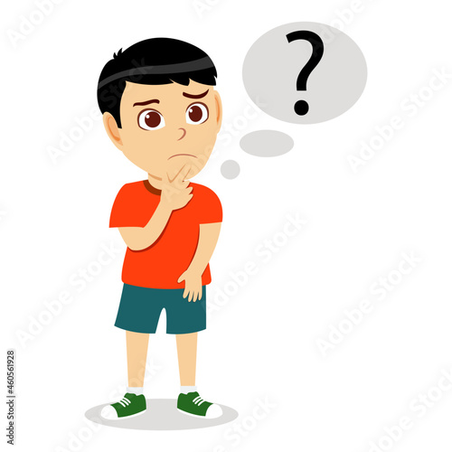 Happy cute cheerful kid boy character wearing beautiful outfit standing with question mark symbol with confused facial expression