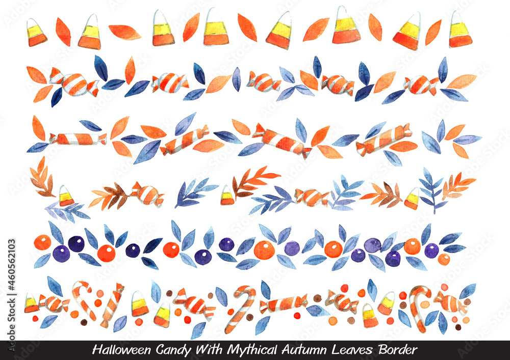 Fototapeta premium Candy corn, candy stick, toffee and mythical autumn leave border watercolor for decoration on Halloween festival.