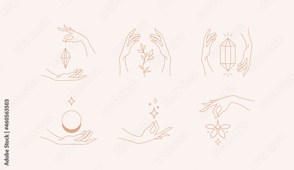 Vector design linear hands template logos or emblems - hands in in different gestures. Abstract symbol for cosmetics and packaging or beauty products. Vector illustration