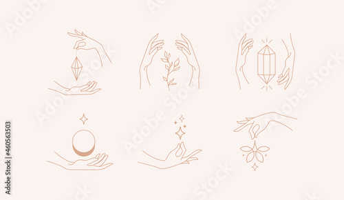 Vector design linear hands template logos or emblems - hands in in different gestures. Abstract symbol for cosmetics and packaging or beauty products. Vector illustration