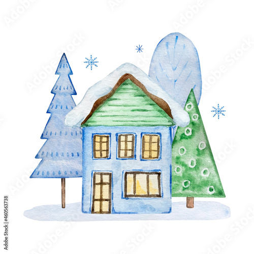 Watercolor christmas illustration with house and christmas tree