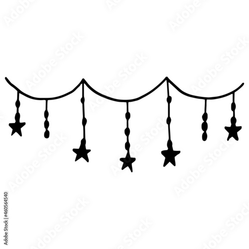 garland with stars hand drawn doodle. vector, minimalism, monochrome. frame, border, sticker. christmas decor.