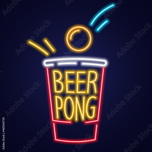 Red beer pong illustration. Plastic cup and ball with splashing beer. Traditional party drinking game. Vector. Night bright sign photo