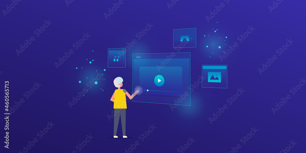 person pushing a button on a touch screen interface, digital content, gaming app, virtual reality technology,  multi media, concept, web banner template.