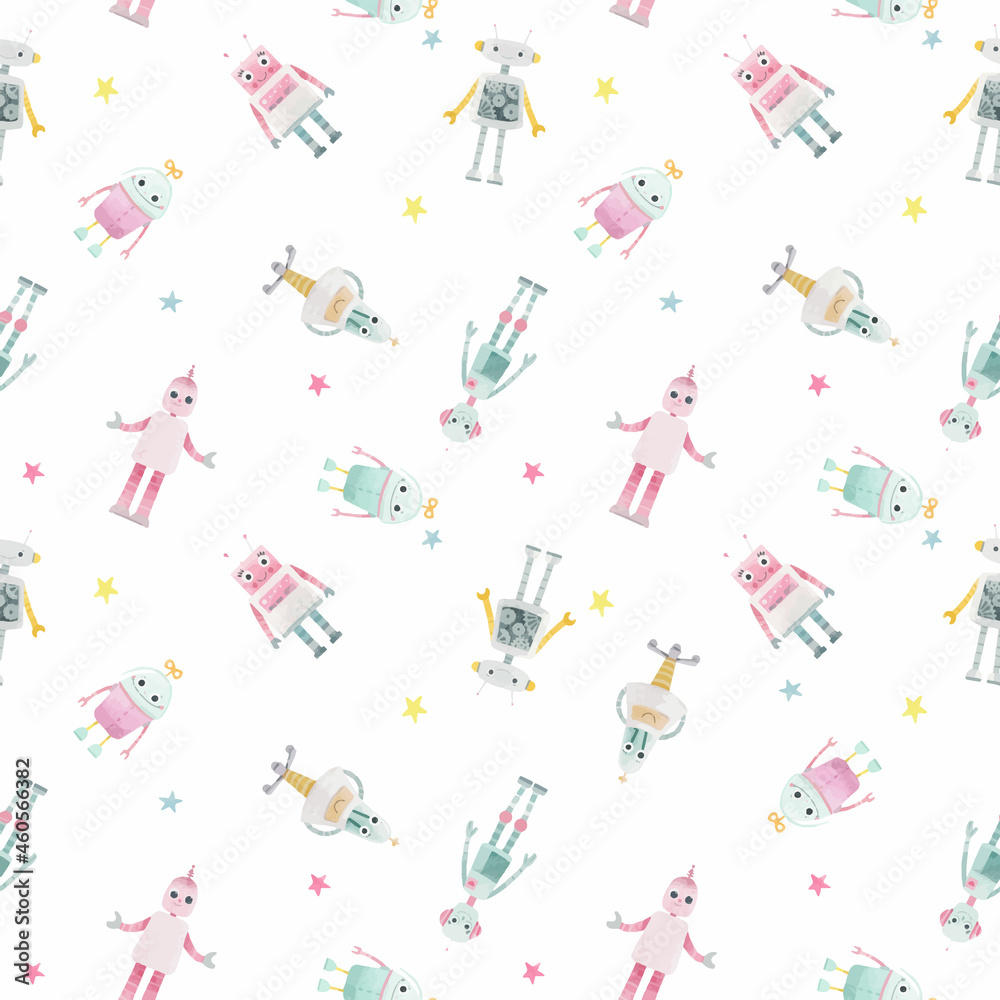 Beautiful seamless baby girl pattern with cute hand drawn watercolor robots. Stock illustration. Autotraced vector.