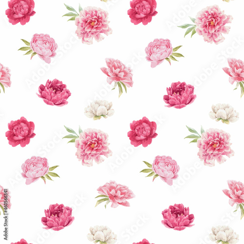 Beautiful seamless floral pattern with hand drawn watercolor gentle pink peony flowers. Stock illuistration. Autotraced vector.