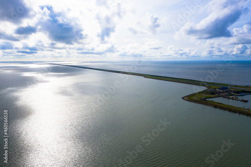 Aerial view, Dutch highway at the afsluitdijk. The dike is the connection between Friesland and Noord-Holland and seperates the Waddensea from the IJsselmeer, Netherlands photo