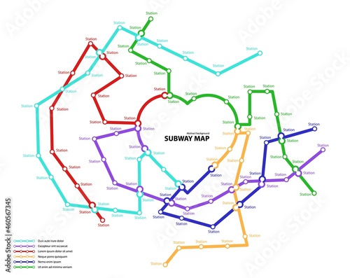 Subway map. Template of fictional town public transport scheme for underground transition road. Metro or bus abstract traffic pattern with circular heart shape color routes. Vector card illustration