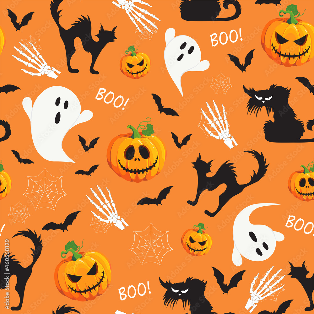 Halloween pumpkin and ghost seamless pattern on orange background. Cute halloween ghost and decoration pattern background. Halloween theme design vector illustration Halloween pumpkin and ghost seamless pattern on orange background. Cute halloween ghost and decoration pattern background. Halloween theme design vector illustration