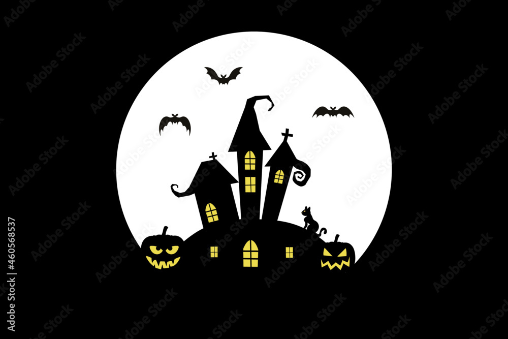 Happy Halloween background with pumpkins and cat and bats and spooky night moon.