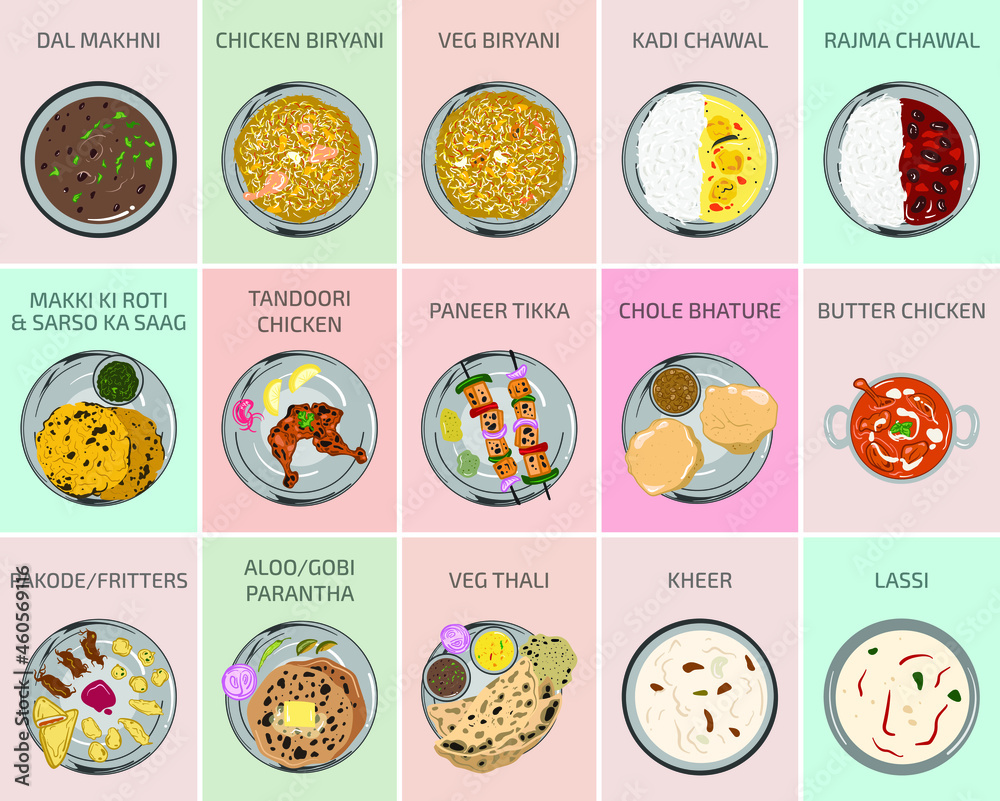 Indian food vector graphics. Punjabi Food from Punjab. Main Course breakfast lunch and dinner meals in India. roti lassi chole bhature butter chicken dal makhni paneer tikka rajma kadi chawal parantha