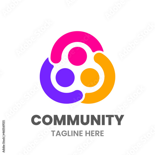 Community logo template. Abstract group of people are holding their hands. Colorful emblem. Stock vector illustration.