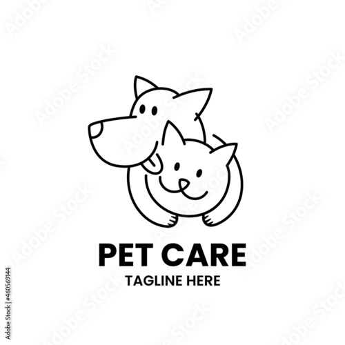 Pet Care logo design template. Abstract hugging dog and cat in outline style. Stock vector illustration.