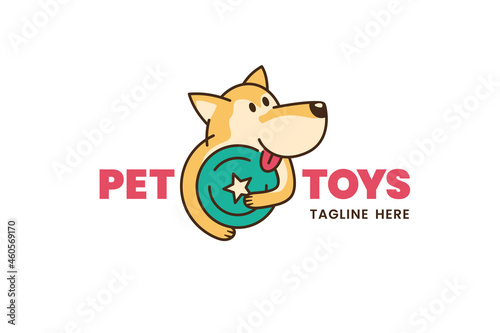 Pet Toys logo design template. Cartoon dog with frisbee. Stock vector illustration.