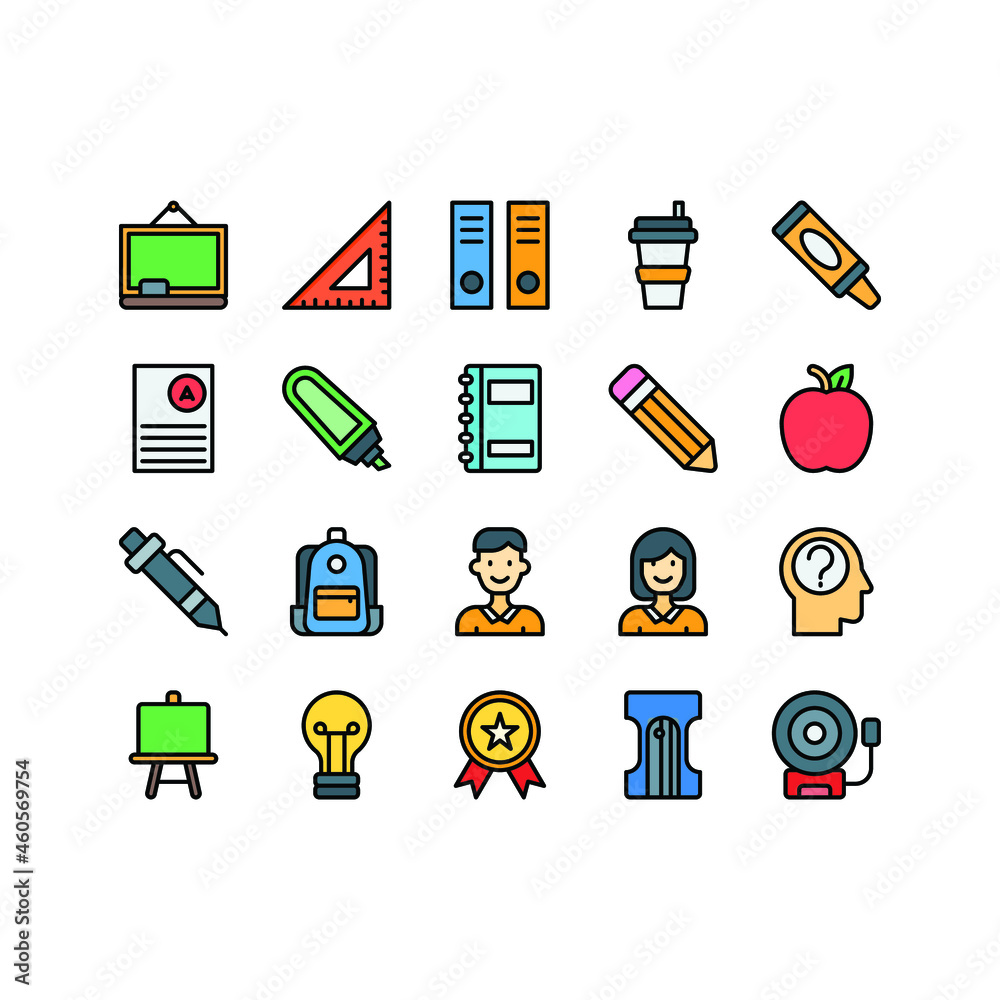 Back to School icon set withFilled style Back to School icon set withFilled style