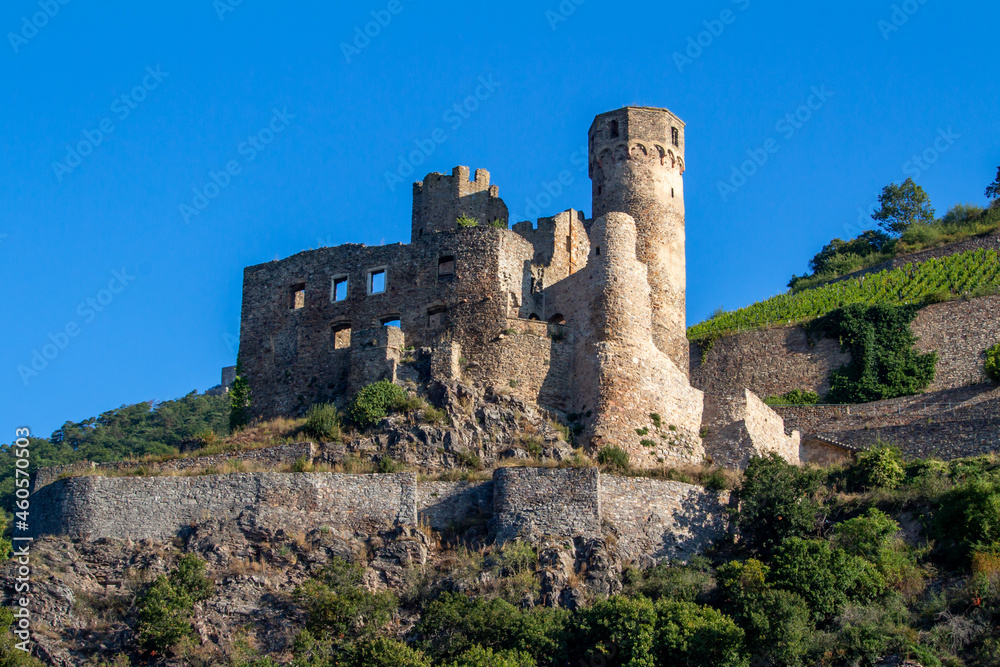 Ehrenfels Castle ruins on the upper middle Rhine River near Rüdesheim, Germany