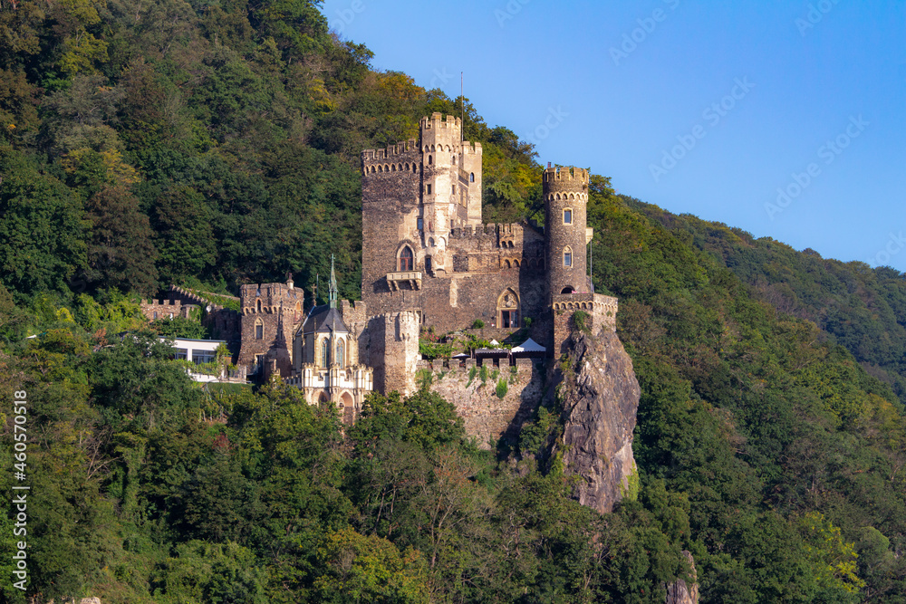 Rheinstein Castle on the upper middle Rhine River near Trechtingshausen, Germany. Also known as also called Burg Rheinstein.