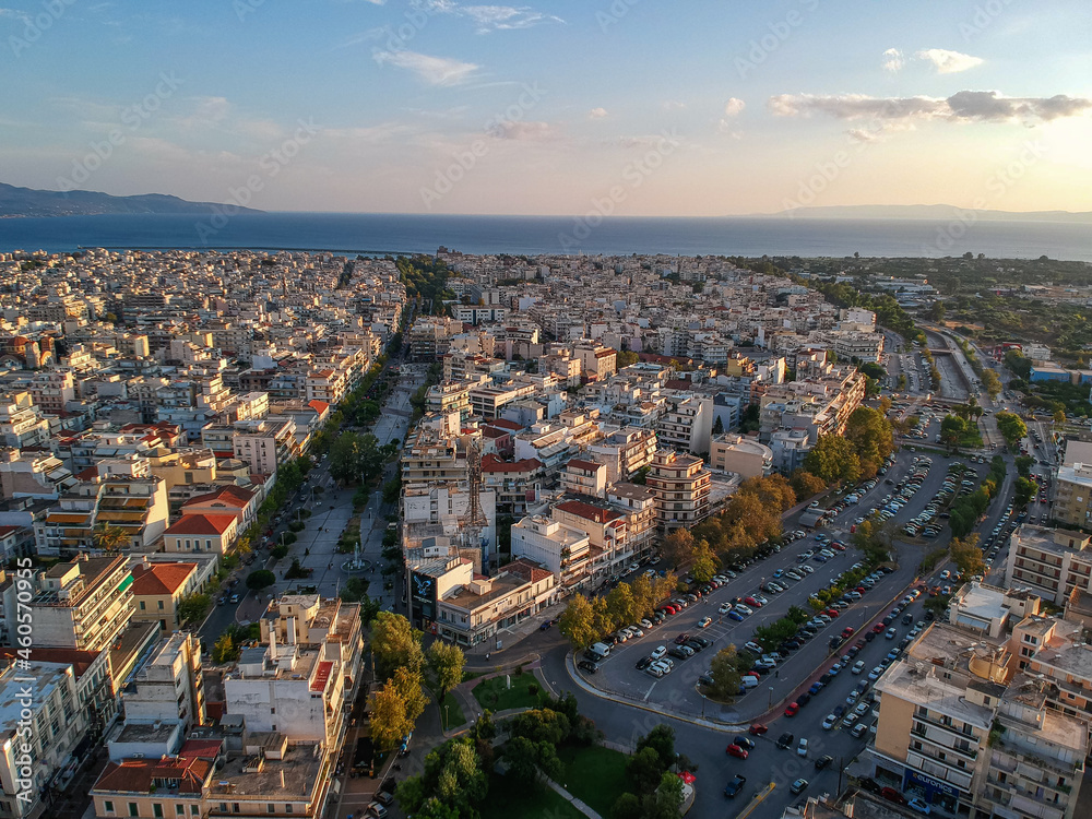 Fototapeta premium Beautiful panorama view over the center of Kalamata city, Greece. Aerial photography over Messenia, Greece, Europe