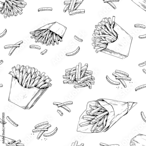 French fries pattern. Hand drawn seamless texture for fast food menu with potato dips. Black and white unhealthy delicious snacks background template. Vector junk meal sketch print