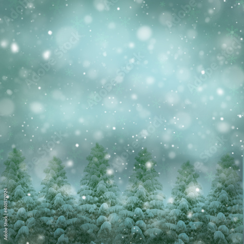 Fir trees in the forest - beautiful snowy christmas holidays background