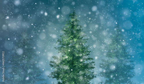 Christmas background with snowy fir trees.