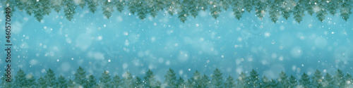 Christmas trees on snowy background border.