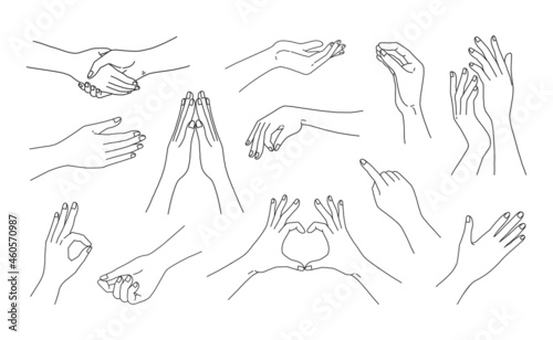 Woman hand gestures. Doodle line female arms sketches for social media post and beauty cosmetic advertising. Handshaking and finger love symbol. Vector silhouette human body parts set