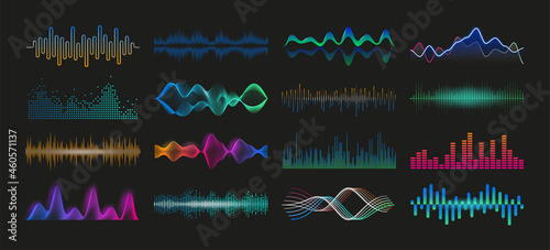 Soundwave. Audio spectrum waveform. Sound frequency and music pulse graphic effect. Volume and radio signal equalizer template. Vector soundtrack recorder dynamic level elements set photo