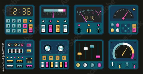 Control panels. Retro PC and radio dashboard with switches and buttons. Connection ports, tuners and dials. Computer interface templates. Electric device UI elements. Vector boards set