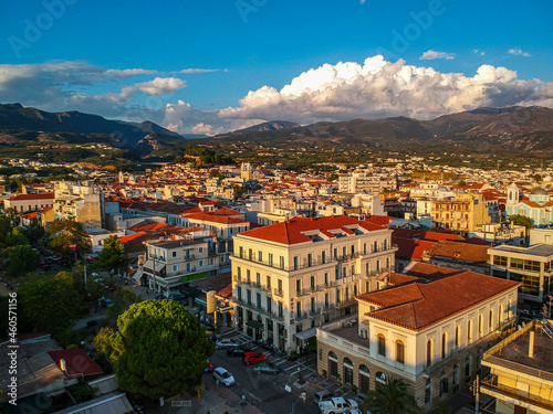 Beautiful panorama view over the center of Kalamata city, Greece. Aerial photography over Messenia, Greece, Europe