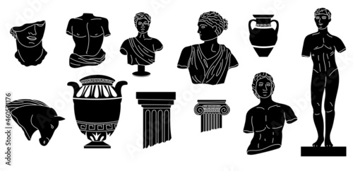 Black doodle sculptures. Abstract ancient Greek mythology statues and columns. Antique amphora and vases. Hand drawn historical Roman style monuments. Vector silhouette sketches set
