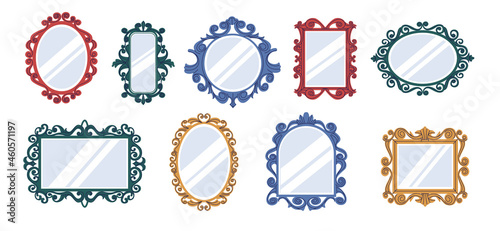 Doodle retro mirrors. Vintage reflective surfaces with decorative curly borders. Elegant hand drawn shapes. Square and round baroque interior decor. Vector contemporary frameworks set