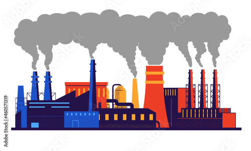 Factory pollution. Carbon dioxide and smoke emission from industrial pipes. Warming and environmental contamination with toxic chemicals. Isolated plant buildings. Vector cityscape