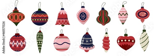 Christmas tree decoration. New Year cute balls set for decorating winter holiday spruce. Doodle retro hanging icicle or bulbs with ornaments. Garland elements. Vector festive fir decor