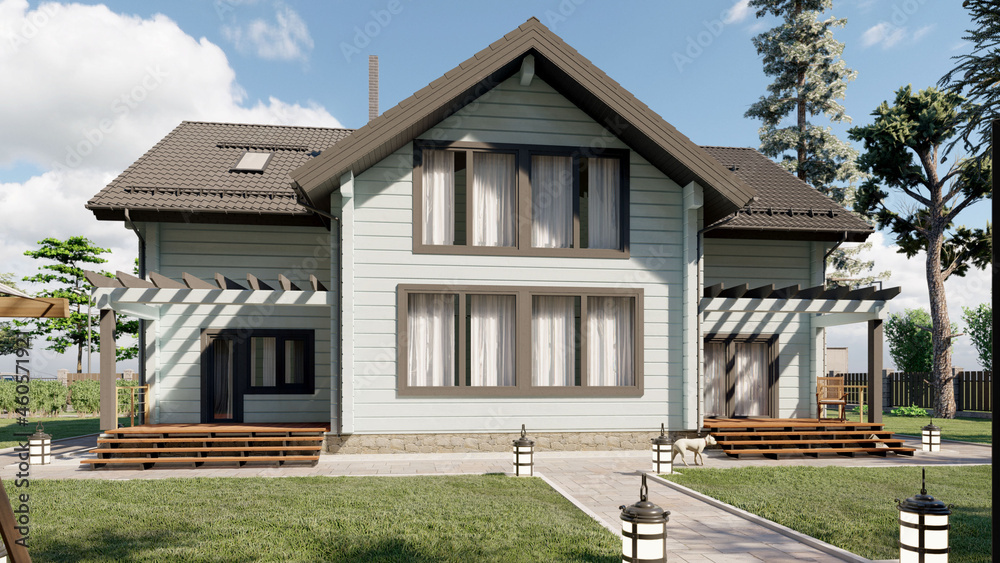 Newly built beautiful house. 3D illustration