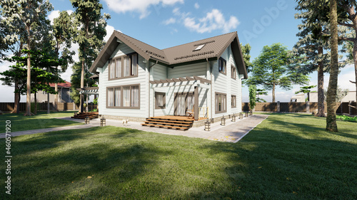 New beautiful house on a summer morning. 3d illustration