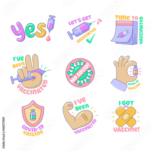 Let us get vaccinated, no Covid icons set. Stop coronavirus pandemic and outbreak by getting shot. Time to vaccinate cute stickers cartoon vector illustration