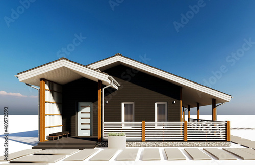 3D model of a frame one-storey cottage with a path made of cement slabs. 3D illustration, 3d rendering