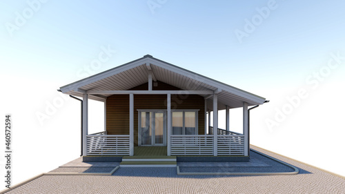 3D model of a one-story frame house with a veranda. 3D illustration, 3d rendering