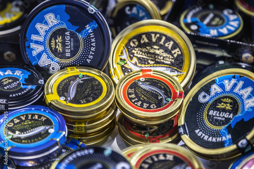 caviar of different varieties in tin cans. the common name of sturgeon ROE