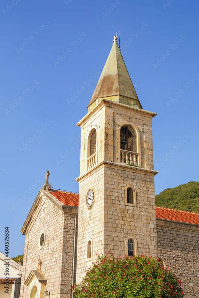 Religious architecture. Bell tower of ancient Catholic Church of Saint Roch ( St Roko ). Montenegro, Tivat. Donja Lastva village
