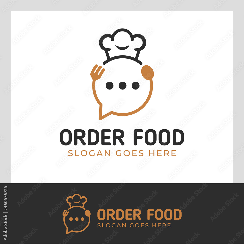 Online food order logo with bubble chat icon vector and hat chef concept design for catering logo template Online food order logo with bubble chat icon vector and hat chef concept design for catering logo template